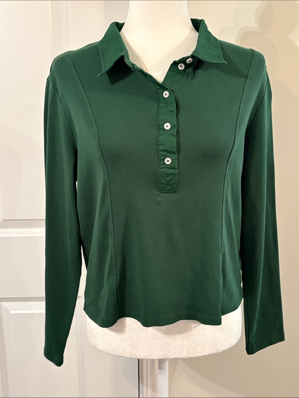 H&M Hunter Green Fitted Polo Classic Collar Button Placket Long Sleeve XL Shirt